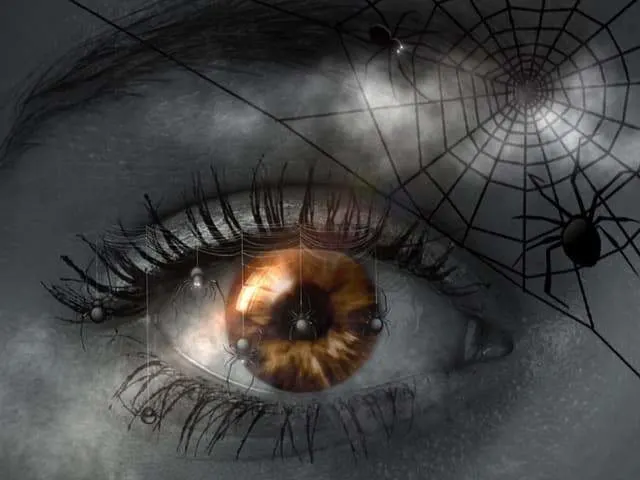 Image of an open eye covered with a spider's web.
