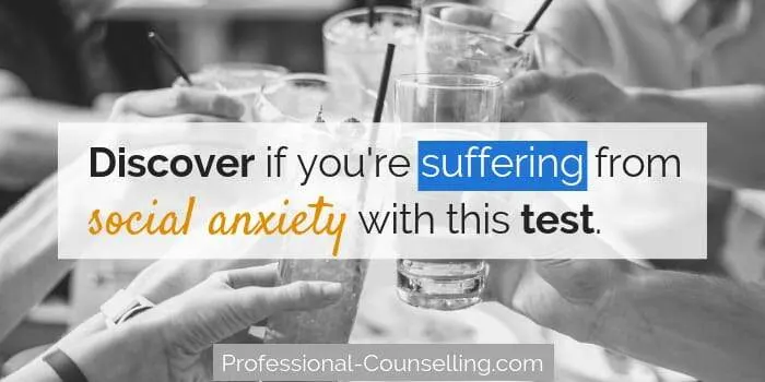 Horizontal banner. Background photo: hands clinking glasses. Text: Discover if you're suffering from social anxiety with this test.