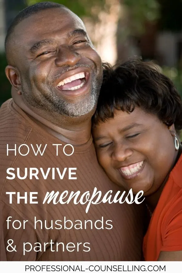 Photo: Happy, black couple looking happy. Text: How to survive the menopause for husbands and partners.