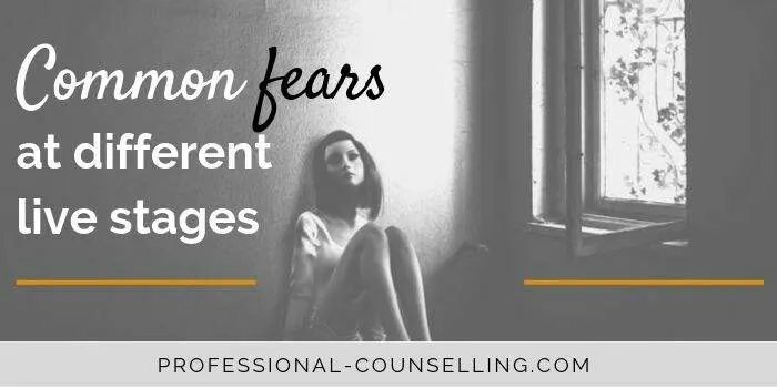 Photo: Women sitting in dark room. Text: Common fears at different live stages